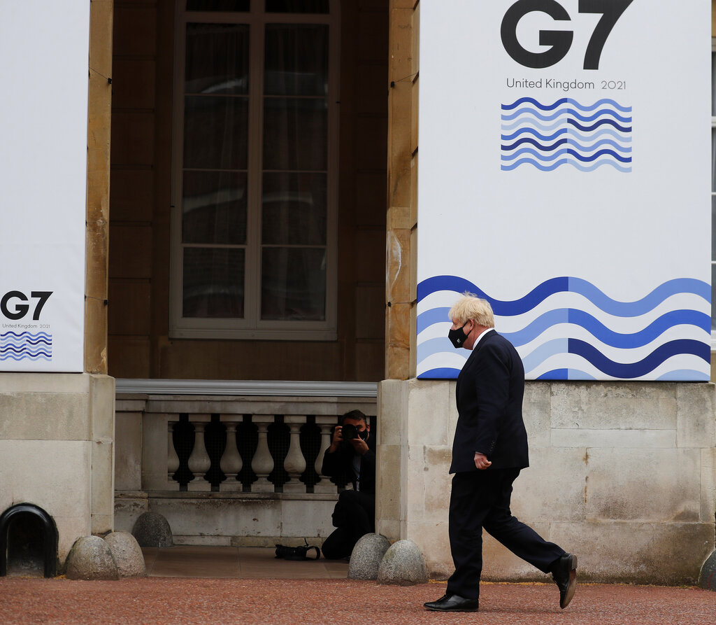 Britain's Prime Minister Boris Johnson arrives at the G7 foreign ministers' meeting in London,