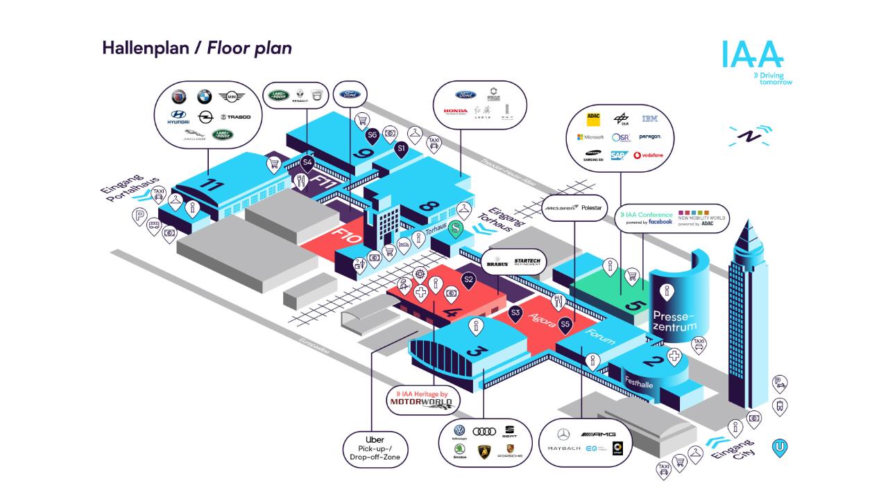 To πλάνο της έκθεσης με τα εφετινά περίπτερα των εταιρειών αυτοκινήτου.