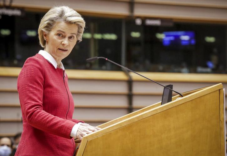 European Commission President Ursula von der Leyen speaks during a debate on the EU-UK trade and cooperation agreement during the second day of a plenary session at the European Parliament in Brussels, Tuesday, April 27, 2021