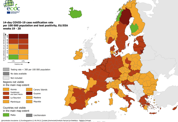 ECDC: Στο «πορτοκαλί» του επιδημιολογικού χάρτη οι περισσότερες περιοχές της Ελλάδας 