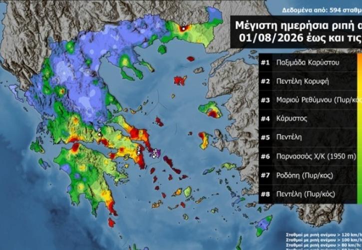 Meteo: Στα 130 χλμ/ώρα έφτασαν οι ριπές ανέμου στην Κάρυστο - Στα 112 χλμ/ώρα στην Πεντέλη