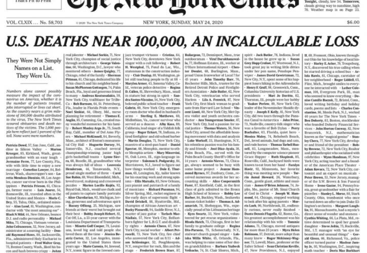 Το εντυπωσιακό εξώφυλλο των New York Times για την τραγωδία του κορονοϊού στις ΗΠΑ