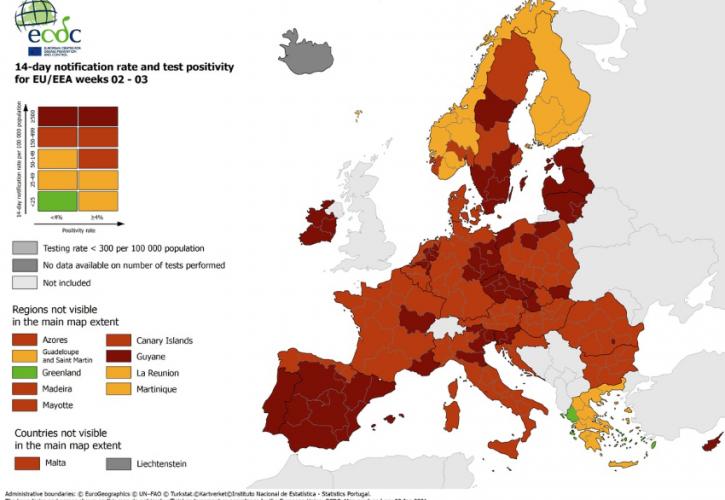 Ο νέος χάρτης του ECDC – «Kίτρινη» και «πράσινη» η Ελλάδα